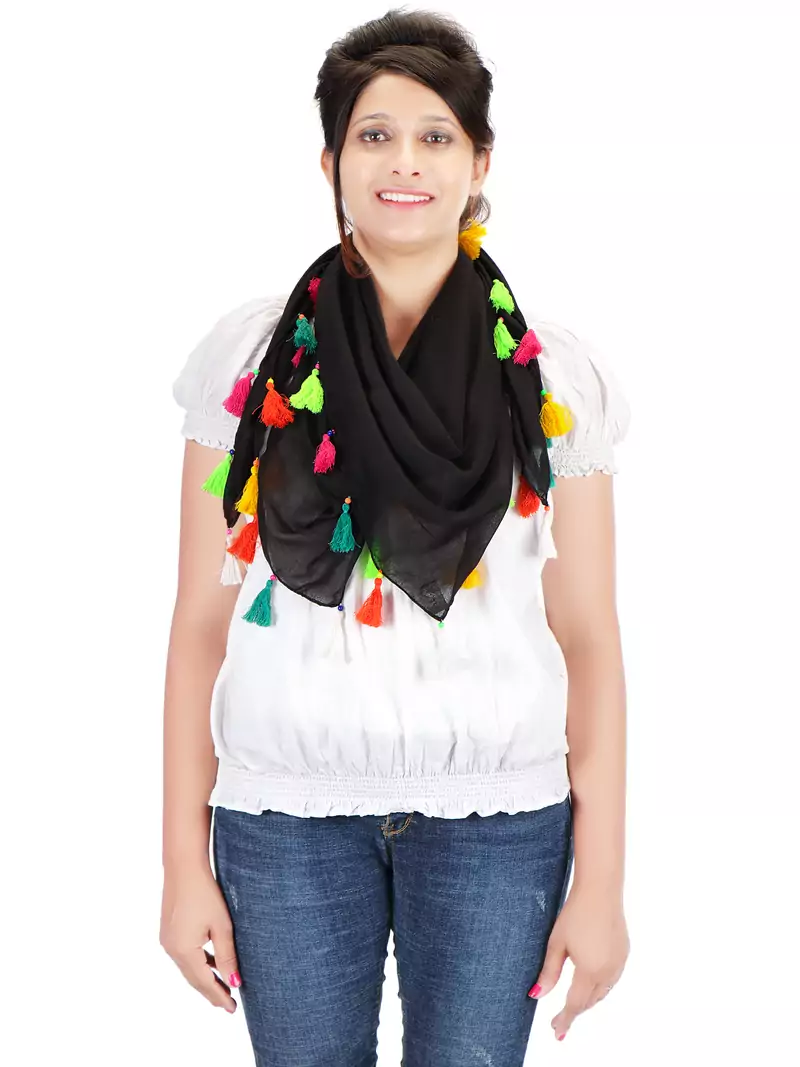 Black Viscose Tassels Square Scarf (100X100 cm)