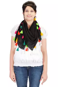 Black Viscose Tassels Square Scarf (100X100 cm)