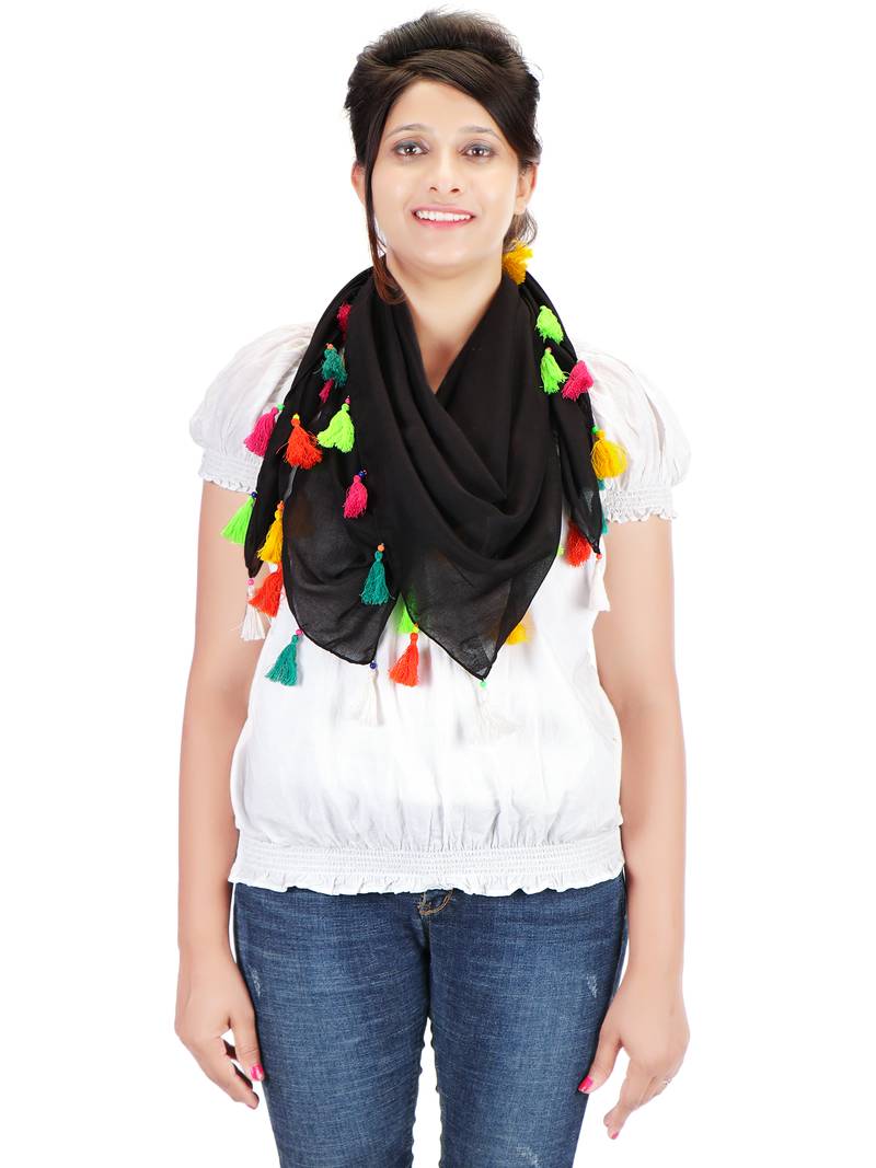 Black Viscose Tassels Square Scarf (100X100 cm)