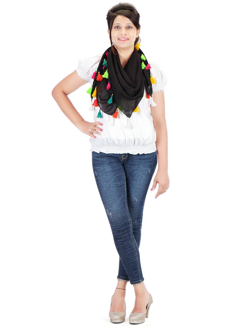 Black Viscose Tassels Square Scarf (100X100 cm)