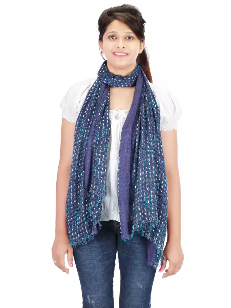 Navy Blue Doted Viscose Lurex Frayed Stole (70X180 cm)