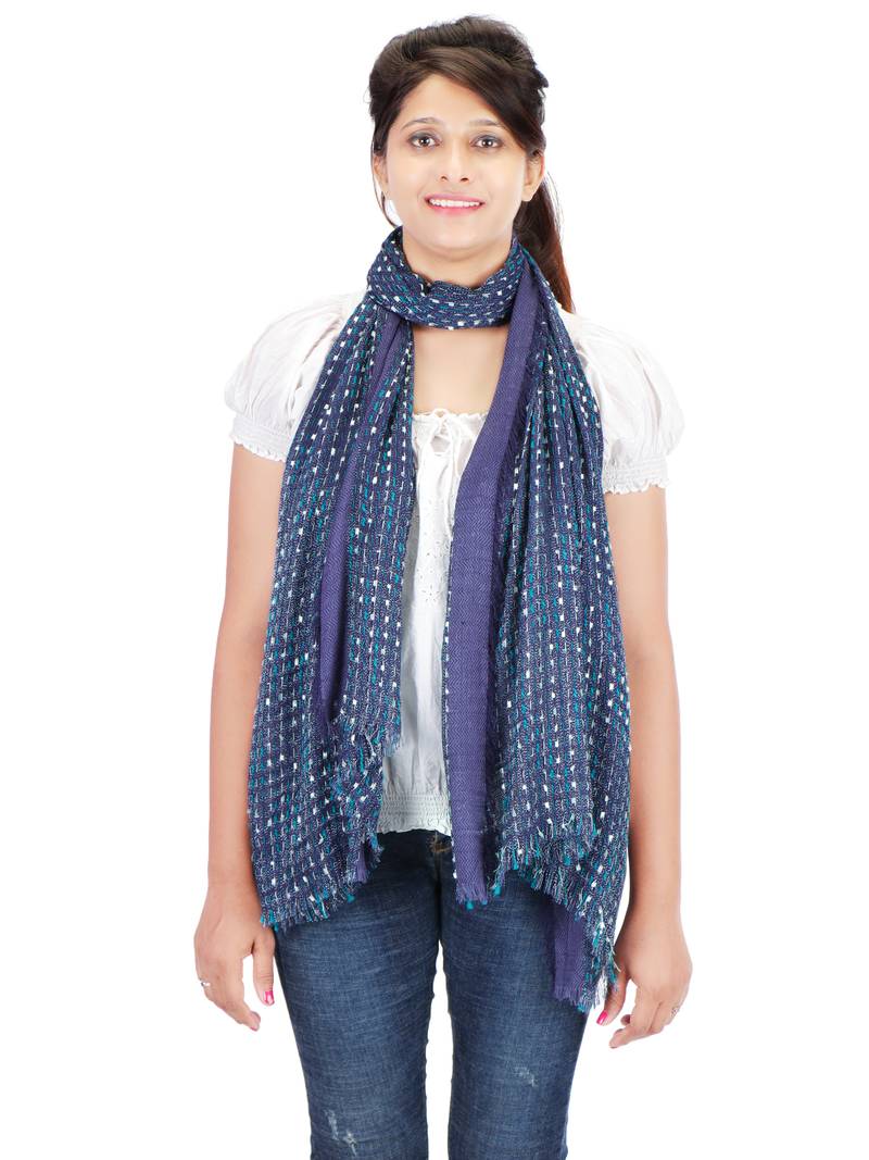 Navy Blue Doted Viscose Lurex Frayed Stole (70X180 cm)