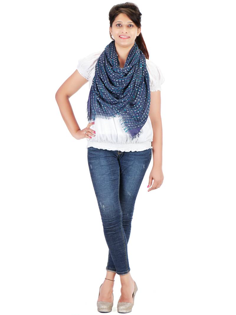 Navy Blue Doted Viscose Lurex Frayed Stole (70X180 cm)