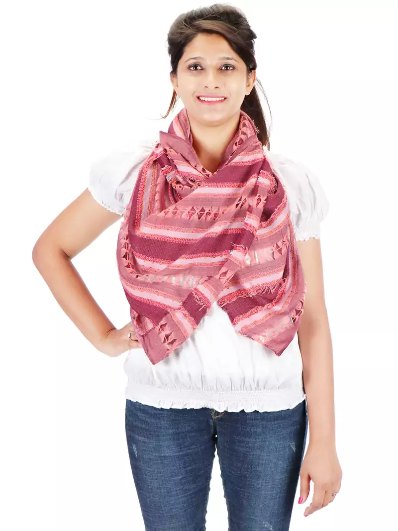 Peach Striped Viscose Frayed Stole (70X180 cm)