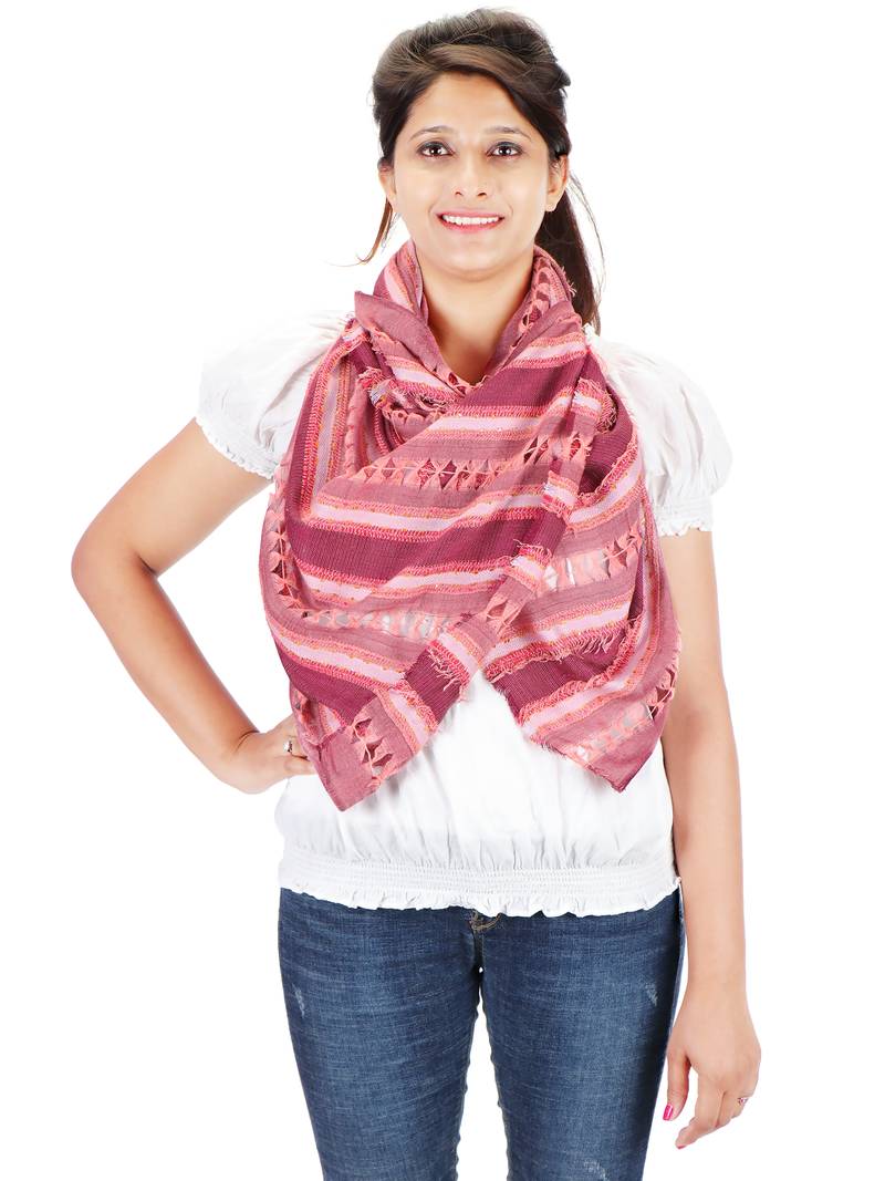 Peach Striped Viscose Frayed Stole (70X180 cm)