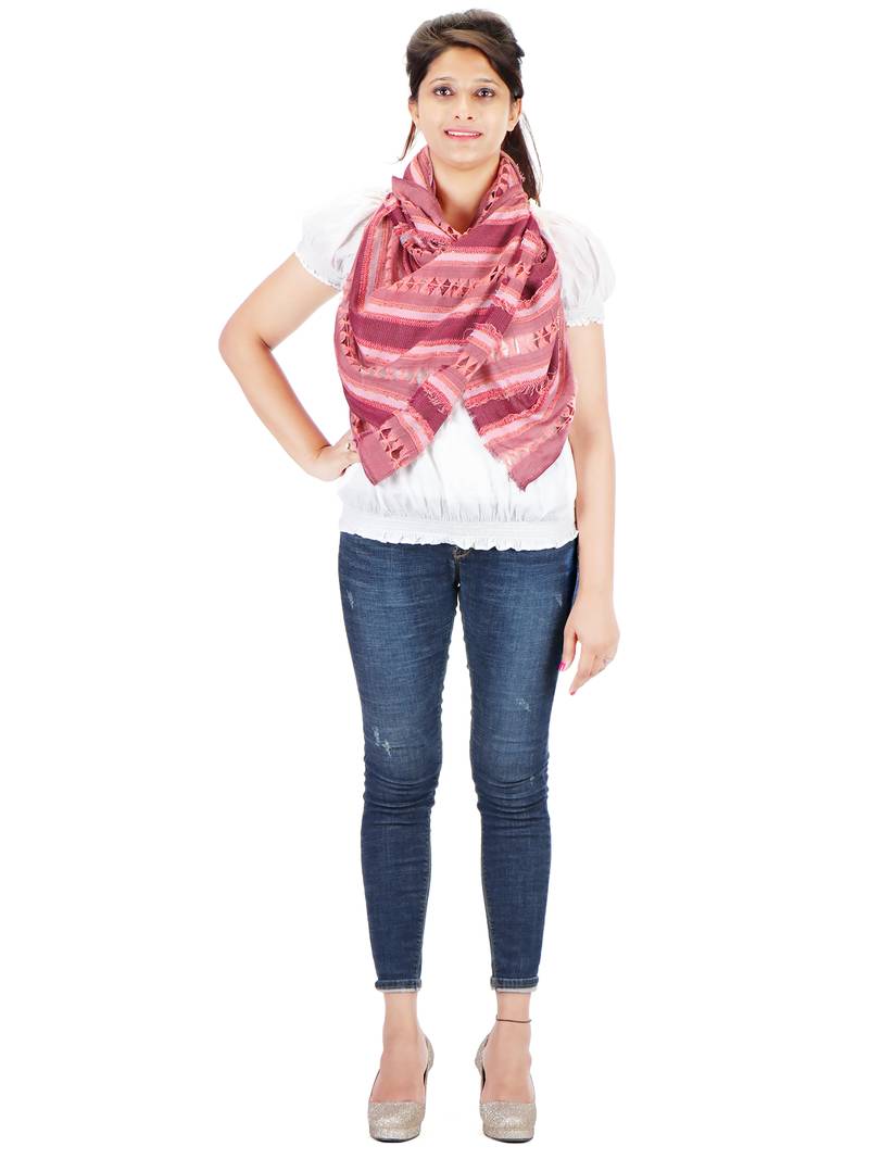 Peach Striped Viscose Frayed Stole (70X180 cm)