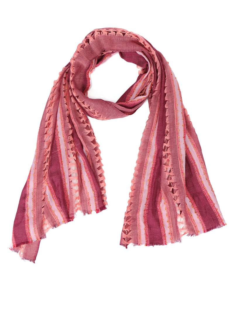 Peach Striped Viscose Frayed Stole (70X180 cm)