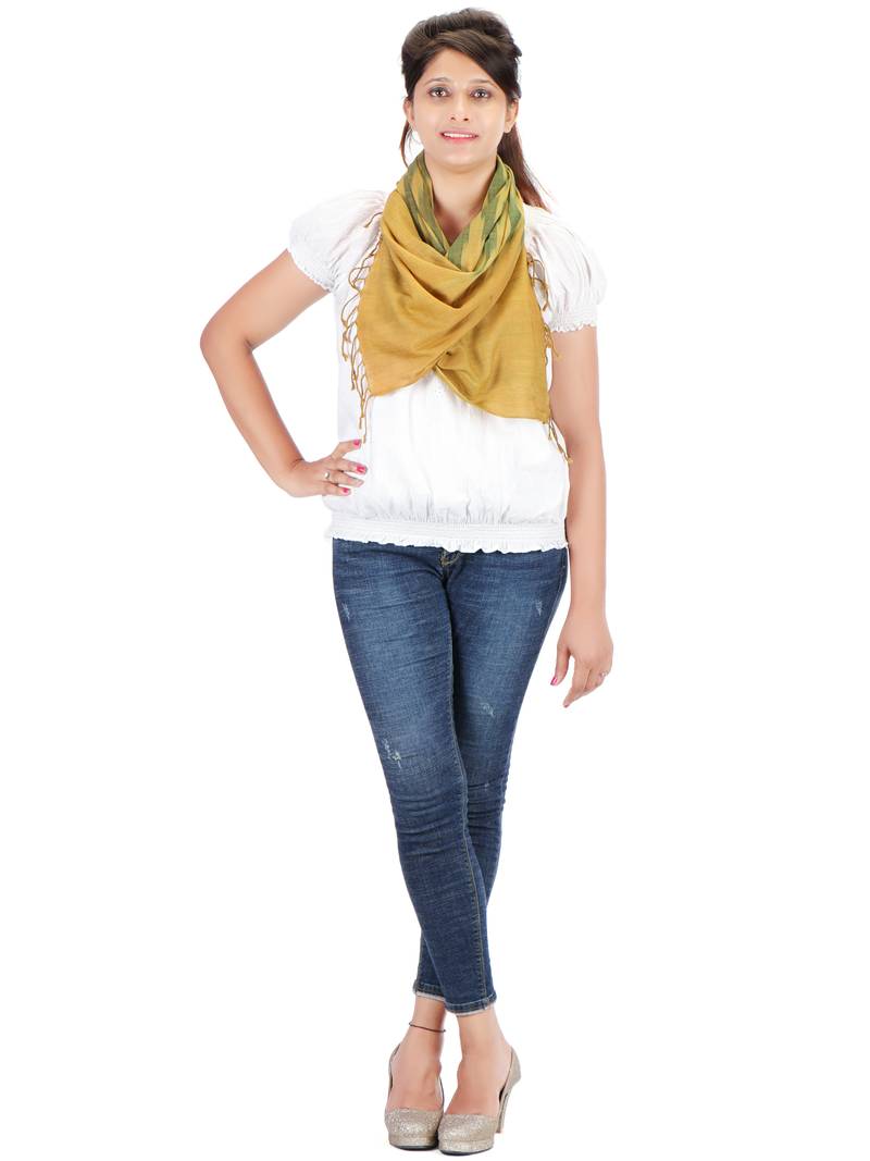 Mustard Cotton Abstract Printed Fringed Scarf (45X200 cm)