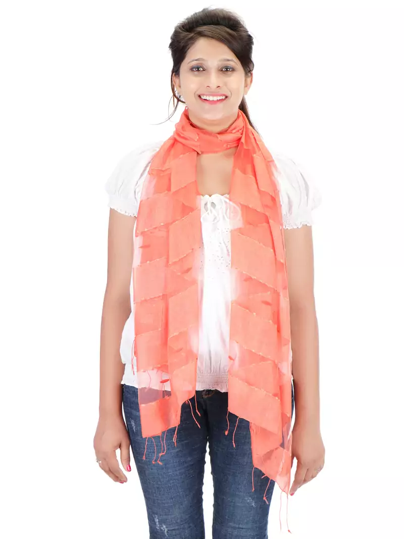 Coral Art Silk Striped Fringed Scarf (65X200 cm)