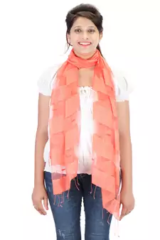 Coral Art Silk Striped Fringed Scarf (65X200 cm)
