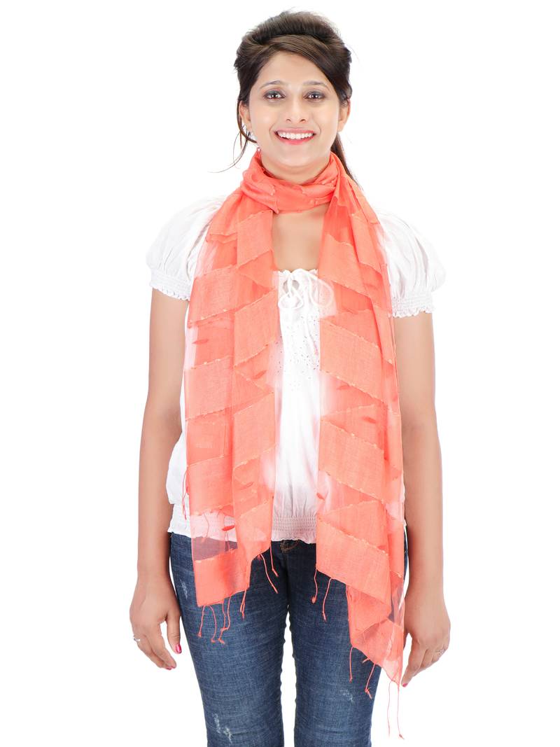 Coral Art Silk Striped Fringed Scarf (65X200 cm)