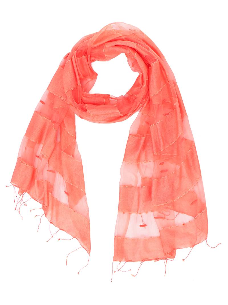 Coral Art Silk Striped Fringed Scarf (65X200 cm)