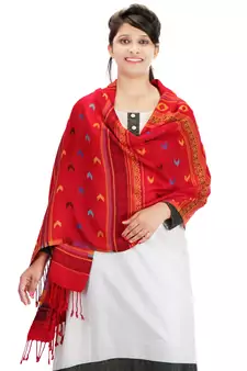 Red and Multicolor Viscose Jacquard Geometric Shawl (70x200 cm)