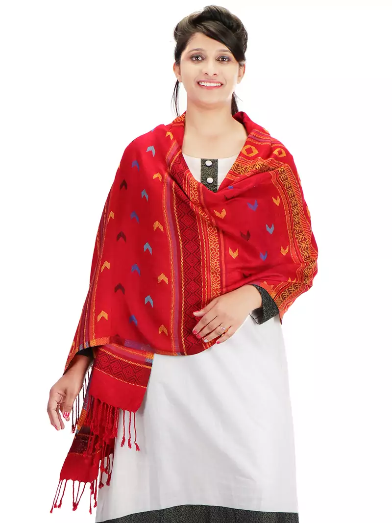 Red and Multicolor Viscose Jacquard Geometric Shawl (70x200 cm)