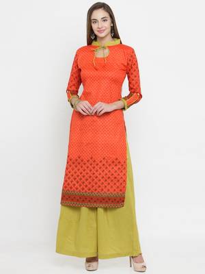 Orange & Lime Green Cotton Women's Unstitched Palazzo Suit 1