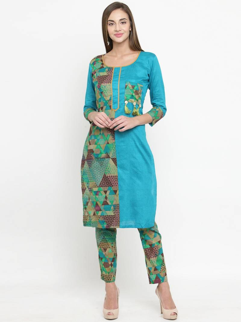 Light Blue & Multi Cotton Women's Unstitched Straight Pant Suit