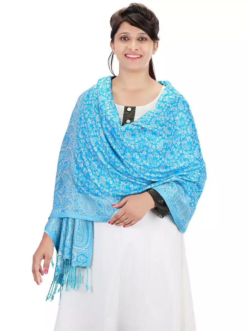 Blue Paisley Viscose Jacquard Reversible Shawl (70X200 cm)