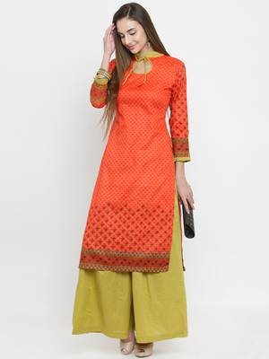 Orange & Lime Green Cotton Women's Unstitched Palazzo Suit 3