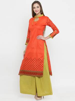 Orange & Lime Green Cotton Women's Unstitched Palazzo Suit 5