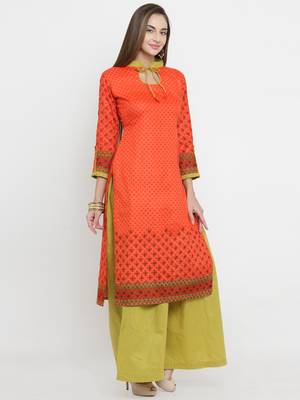 Orange & Lime Green Cotton Women's Unstitched Palazzo Suit 6
