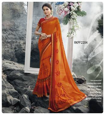 Orange printed georgette saree with blouse 1