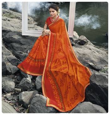 Orange printed georgette saree with blouse 2