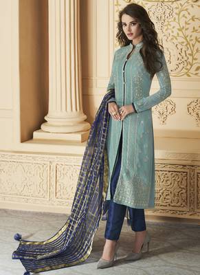 Sky-Blue Embroidered Georgette Salwar 1
