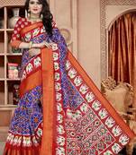 Royal blue Color Patola Printed Pochampally ikkat cotton saree with 5 inch zari border with blouse