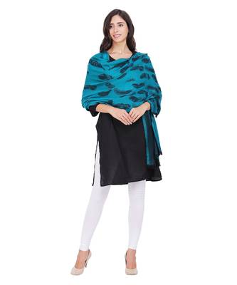 Peacock Green & Black Modal Paisley Feather & Woven Design Shawl 1