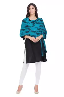 Peacock Green & Black Modal Paisley Feather & Woven Design Shawl