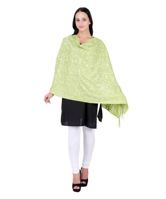 Green Pure Wool Floral Embroidered Shawl 1