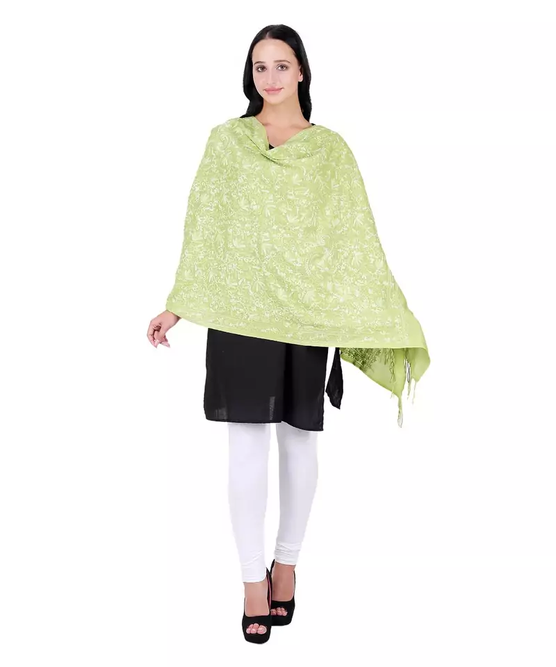 Green Pure Wool Floral Embroidered Shawl