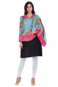 Sky Blue & Multicolour Viscose Rayon Cotton Floral Woven Design Shawl