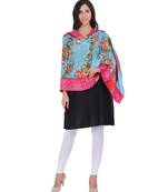 Sky Blue & Multicolour Viscose Rayon Cotton Floral Woven Design Shawl