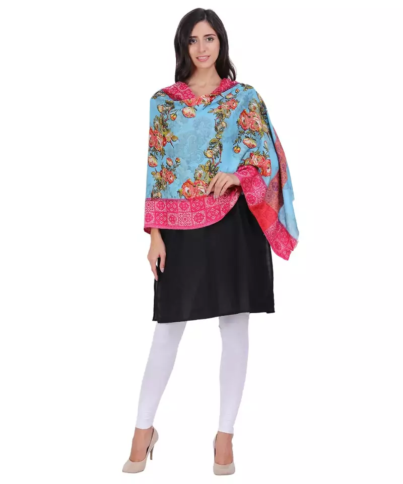 Sky Blue & Multicolour Viscose Rayon Cotton Floral Woven Design Shawl