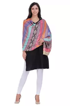 Golden & Multicolour Modal Geometric Striped Woven Design Shawl