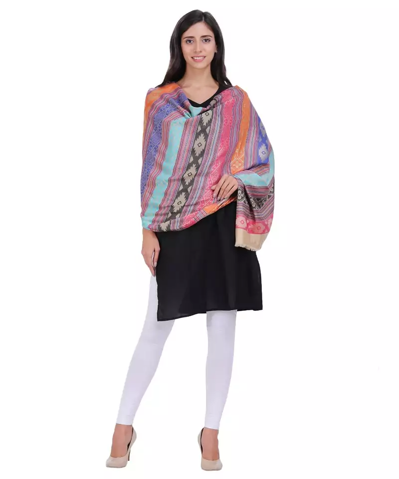 Golden & Multicolour Modal Geometric Striped Woven Design Shawl