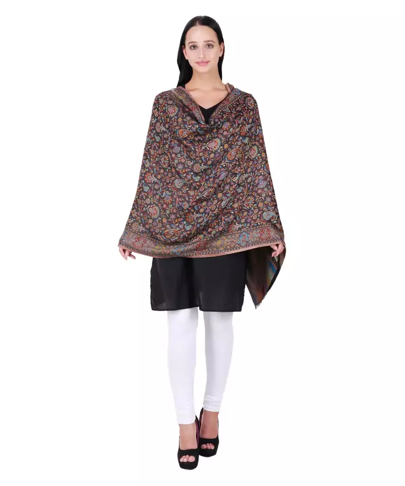 Black & Multicolour Modal Floral Paisley Woven Design Shawl