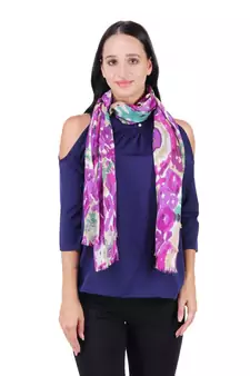 Purple & Multicolour Viscose Rayon Printed Geometric Frayed Scarf