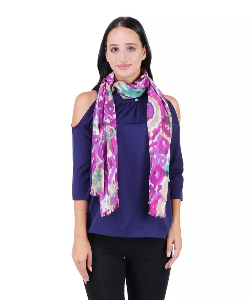 Purple & Multicolour Viscose Rayon Printed Geometric Frayed Scarf