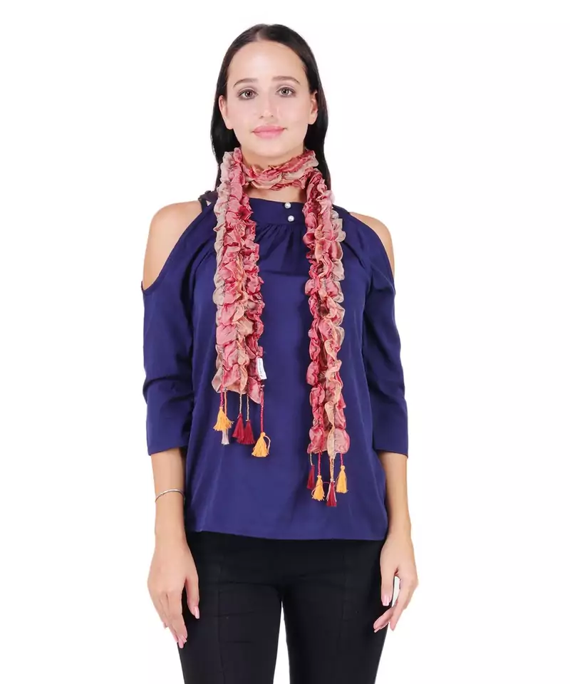 Copper 100% Silk Woven Design Lycra Ombrey Tasselled Fringed Scarf