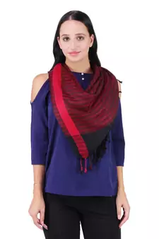 Maroon & Black Viscose Rayon Woven & Self Design Fringed Stole