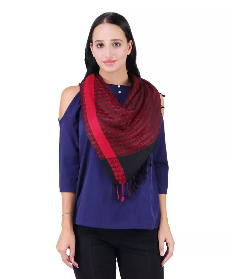 Maroon & Black Viscose Rayon Woven & Self Design Fringed Stole