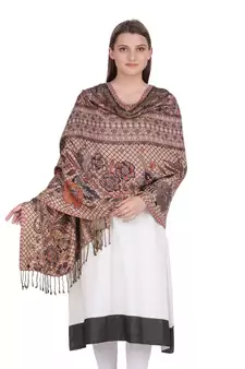 Brown & Multicolour Floral Viscose Jacquard Shawl (70x200 cm)