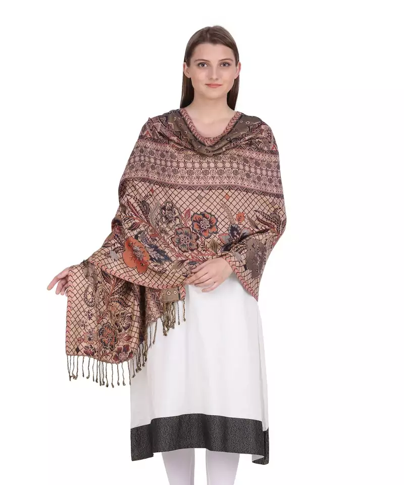 Brown & Multicolour Floral Viscose Jacquard Shawl (70x200 cm)