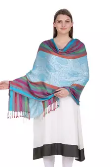 Light Blue & Multicolour Paisley Viscose Jacquard Shawl (70x200 cm)