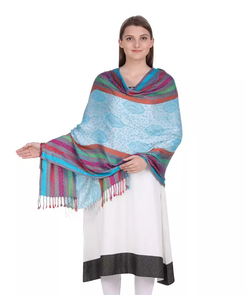 Light Blue & Multicolour Paisley Viscose Jacquard Shawl (70x200 cm)