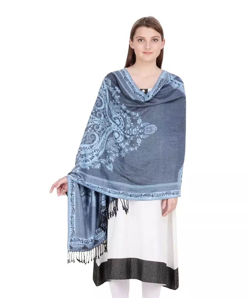Black & Light Blue Paisley Viscose Jacquard Shawl (70x210 cm)