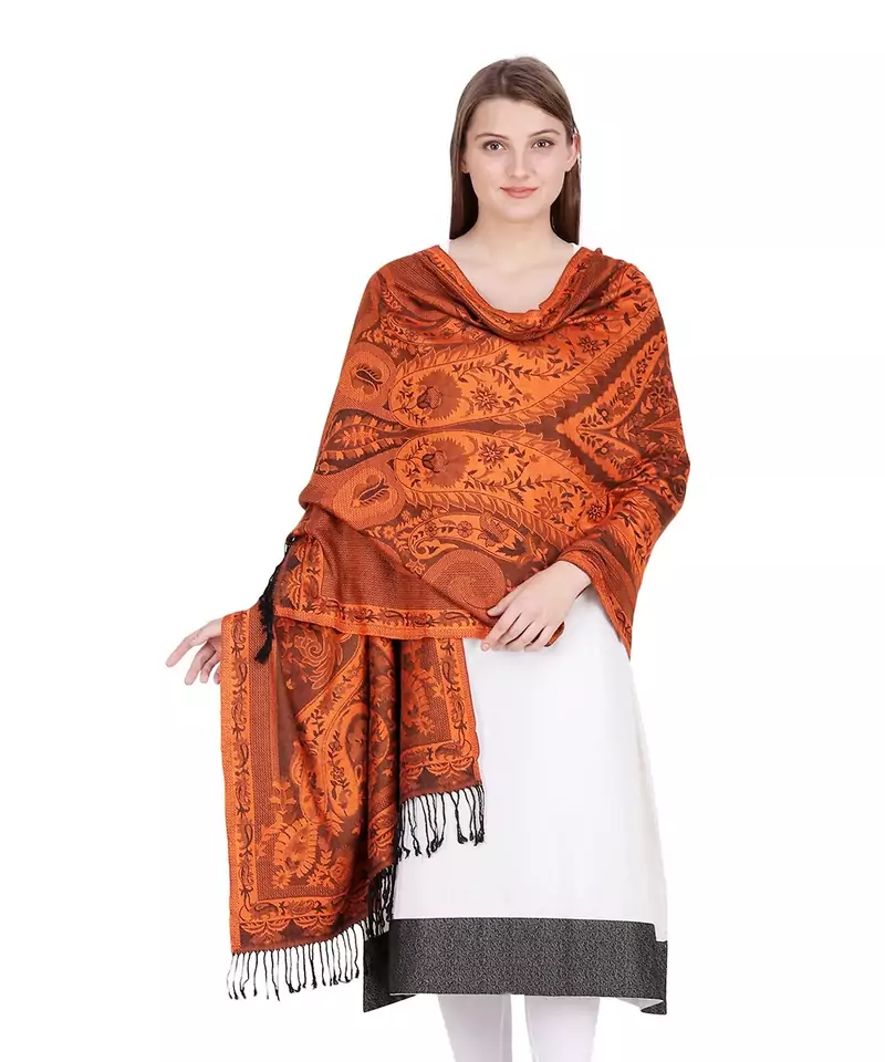 Orange & Rust Paisley Viscose Jacquard Shawl (70x210 cm)