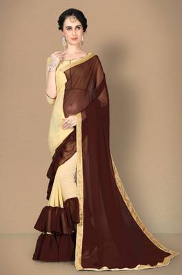 Brown plain georgette saree with blouse 1
